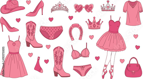 Pink Fashion and Princess Girl Icon Set with Dress Crown High Heels Handbag Lingerie and Cute Glamour Accessories Collection.