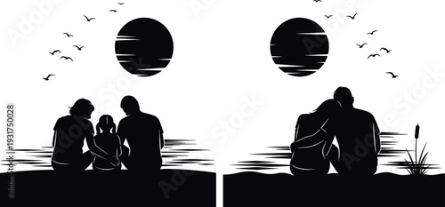 Family and Couple Silhouettes Sitting by Lake at Sunset with Birds and Moon Reflection Isolated on White Background Vector Illustration