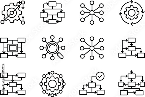 Workflow network and business process optimization line icons set with flowchart automation system vector illustration collection