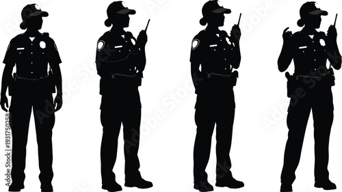 Female Police Officer Silhouette Set with Radio Communication in Different Poses Isolated on White Background Vector Illustration
