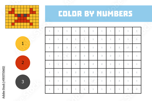 Cute crab ocean animal from pixel blocks. Color by number educational game in coloring page format for children. Square grid puzzle for practicing numbers and colors