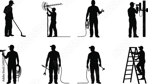 Technician and electrician silhouettes installing and repairing electrical equipment and cables isolated on white background professional maintenance vector illustration set