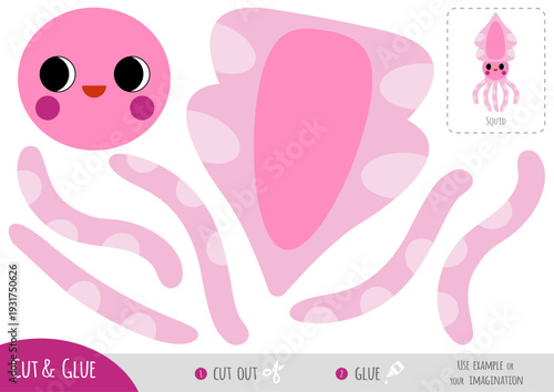 Squid sea animal paper craft for children in flat style. Education cut and glue game. Use scissors and glue to create character. Printable worksheet for fine motor skills and classroom activities.