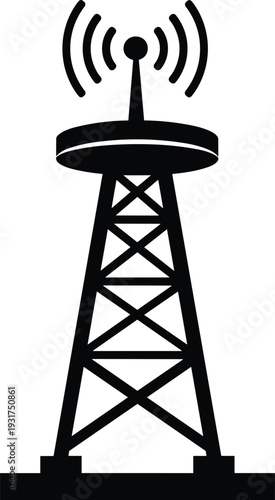 Wireless communication tower silhouette with radio signal waves isolated on white background telecommunications antenna icon vector illustration for network technology concept