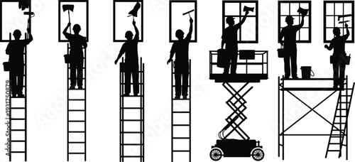 Window cleaner silhouettes working on ladders scaffold and lift platforms washing glass with squeegee and tools isolated on white background vector set