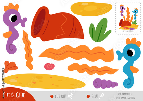 Cute seahorses on sea background. Paper craft in flat style. Educational cut and glue game. Use scissors and glue to create character. Worksheet for fine motor skills and classroom activities