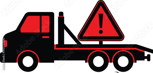 Stylized tow truck graphic with red triangular warning sign and exclamation mark, symbolizing roadside assistance, hazard alert, caution, and emergency vehicle safety communication
