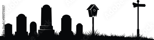 Graveyard Cemetery Silhouette with Tombstones, Birdhouse and Signpost Isolated on White Background Halloween Vector Illustration