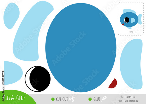 Blue fish paper craft for kids in flat style. Educational cut and glue game. Use scissors and glue to create character. Printable worksheet for fine motor skills and classroom activities.