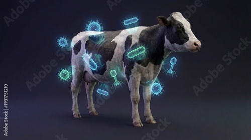 Futuristic concept of biotechnology in agriculture with a cow surrounded by glowing microbe icons.