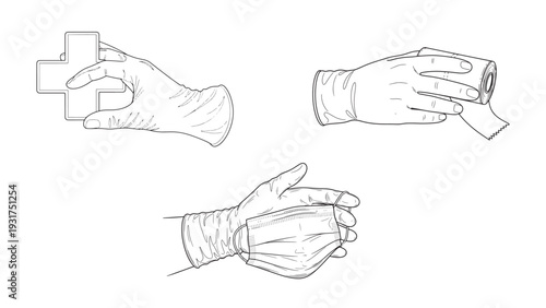Gloved Hands Applying Wound Dressing And Bandage Wrap Demonstrating Aseptic Technique, Clinical Care Procedure And Healthcare Supply Use Illustration