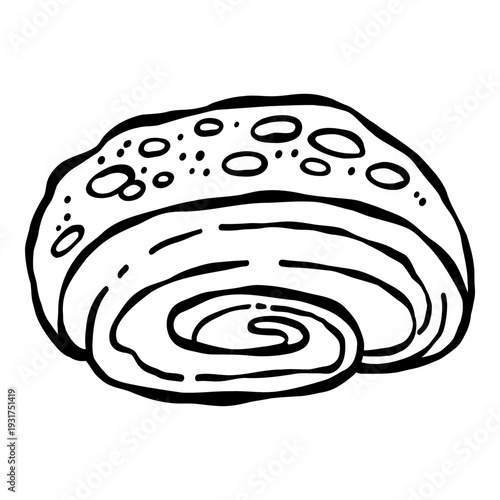 Sweet yeast roll in hand drawn outline style. Black and white vector illustration for coloring pages. Dessert artwork for bakery cafe menus and food design project
