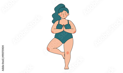 Plus Size Woman Doing Yoga Tree Pose in Swimsuit Meditating
