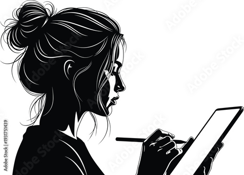 Woman Silhouette Drawing Tablet Vector Artist Designer Creative Digital Illustration Profile Design