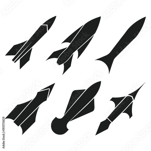 Five black and white rocket in different angles and styles space launch