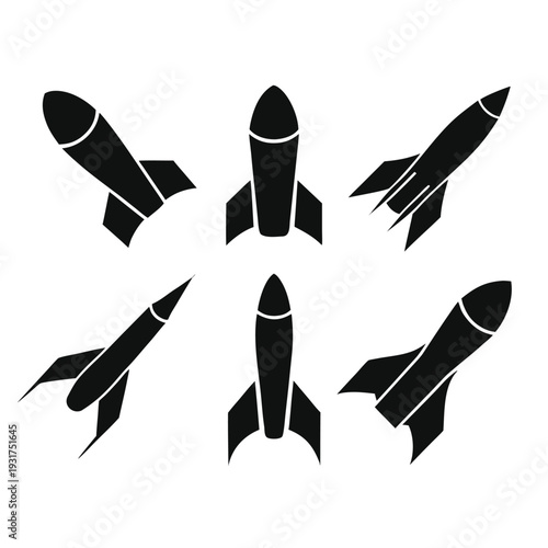 Five black and white rocket in different styles and orientations space missile