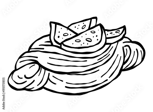 Puff pastry with fig in hand drawn outline style. Black and white vector illustration for coloring pages. Dessert artwork for bakery cafe menus and food design project