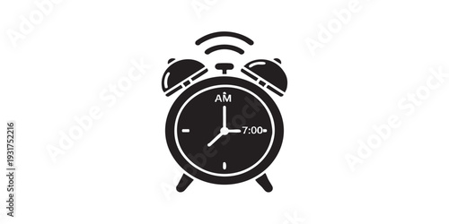 Morning routine alarm clock icon, flat vector design, black and white only, solid silhouette style, simple clean outline, isolated on white background, minimal stock illustration.