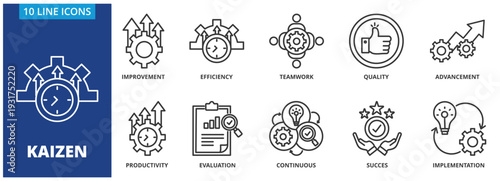 Kaizen icon vector illustration concept. Icon pack contain Improvement,efficiency, teamwork,  quality, advancement, productivity,evaluation continuous, succes, implementation, 