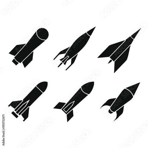 Six black and white rocket with different and styles space launch