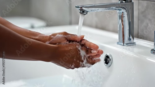 Washing Hands with Soap and Water in a Bathroom Sink.