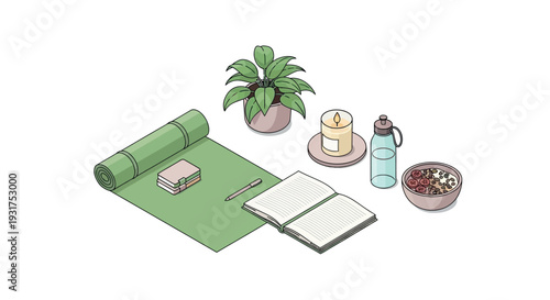 A serene mental health self-care illustration featuring a green yoga mat with a book, a plant, and wellness items arranged on a clean white background, promoting relaxation and mindfulness.