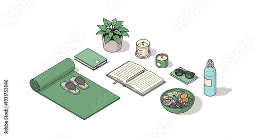 A vibrant illustration of a mental health self-care scene with a green yoga mat, a potted plant, and various wellness items on a clean white background.