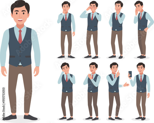 Cartoon businessman character set with multiple poses, emotions, and gestures including thinking, surprised, confused, explaining, pondering, whispering, and smartphone use for communication design