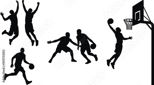 Black Silhouette Collection of Basketball Players, Athletes Dunking, Dribbling, and Jumping, Sport Game Icons Isolated on White Background for Graphic Design.