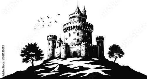 Castle, Silhouette, Medieval, Fortress, Tower, Kingdom, Fantasy, Architecture, Black, Vector, Illustration, Historic, Royal, Gothic, Isolated, Stronghold, Landmark, Heritage, Vintage, Design