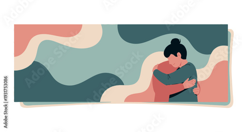 Illustration of a person embracing themselves for mental health and self-care against a colorful abstract background with soothing wavy lines.