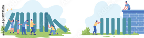 Domino effect concept illustration showing group causing chain reaction versus individual intervention stopping collapse, symbolizing responsibility, prevention, leadership, 
