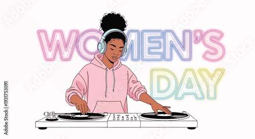 Womens Day Female Dj Celebrating with Vibrant Neon Glow