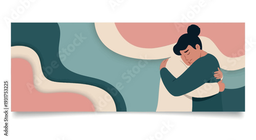 Illustration of a woman embracing herself in a mental health self-care concept with a soothing color palette and abstract background.