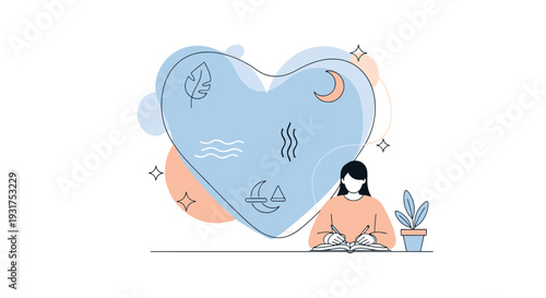 Illustration of a woman practicing mental health self-care by meditating with a large heart above her head, surrounded by calming elements in a serene and peaceful environment.
