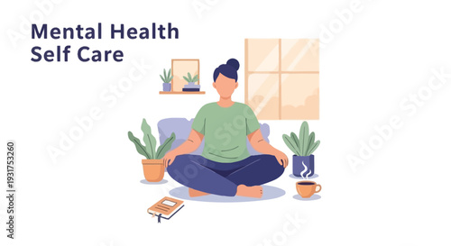 A serene woman practices meditation for mental health and self care in a peaceful indoor setting with plants and a book nearby.
