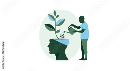 Illustration of a person nurturing a plant growing out of their head, symbolizing mental health and self-care in a simple, flat style with calming colors.