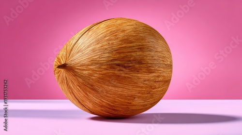 Realistic representation of a wooden egg-shaped object on a soft pink background creating a contemporary aesthetic for kitchen or decor themes