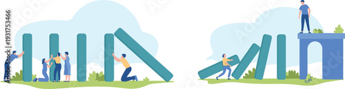 Teamwork and leadership concept illustration showing group collaboration versus individual effort stopping domino effect, symbolizing support, protection, sacrifice