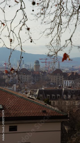 Vertical panning shot from the Lindenhof hill in Zurich, Switzerland, framed by tree branches, looking over old town rooftops toward the Urania Observatory and distant mountains.