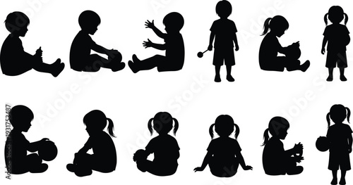 Children Silhouettes Kids Toddler Baby Play Childhood Vector