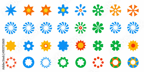 Colorful starburst and floral patterns arranged in a grid formation