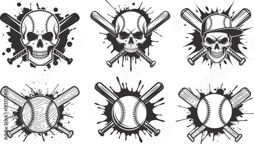 Baseball Skull and Bat Illustration Set, Grunge Sports Emblem Collection with Paint Splash and Urban Style Athletic Design
