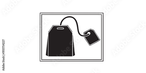 Tea bag with tag icon, minimal flat vector design, black and white only, solid silhouette style, simple clean outline, isolated on white background, stock illustration.