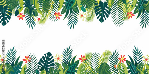 Tropical leaves and flowers create a vibrant border on white
