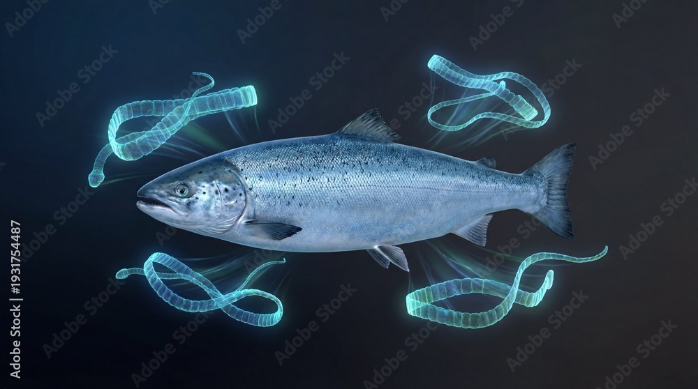 Naklejka premium Futuristic salmon fish surrounded by glowing blue digital light trails.
