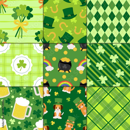 Bundle of 9 seamless St. Patrick’s Day patterns including clover, hats, horseshoes, rainbow, beer and plaid designs. Perfect for fabric, wrapping paper, scrapbook, digital paper and festive crafts.