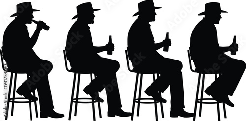 Man Sitting on Bar Stool Drinking Beer Silhouette Set Black and White Vector Illustration Isolated on White Background
