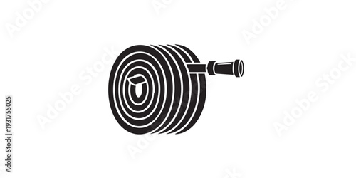 Garden hose icon, minimal flat vector design, black and white only, simple silhouette style, clean outline, centered composition, isolated on white background, clear white space, stock illustration.
