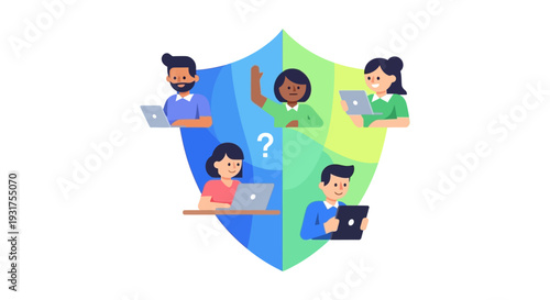 Digital Security Shield Protecting Diverse Online Community and Customer Support, Helpdesk, or FAQ Concept.